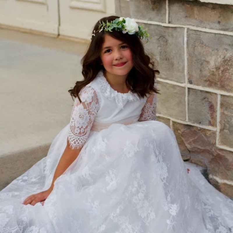 Longues robes blanches pour les enfants filles princesse élégante invité de mariage enfants Bridesmaid en dentelle robe soirée robe de soirée 3 6 14 ans