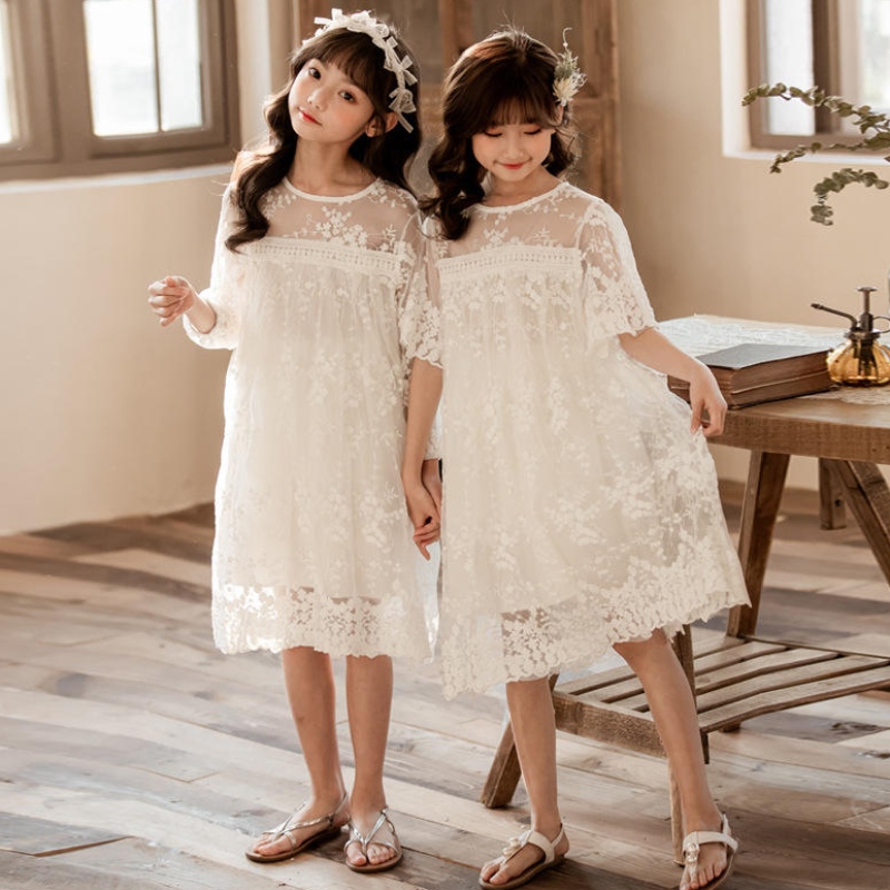 NOUVEAU Été Coton Net Yarn Lace Girls Robes Kids Jirt Children Vêtements 3-14 ans Robe de princesse blanche