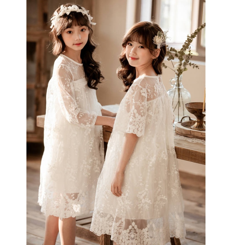 NOUVEAU Été Coton Net Yarn Lace Girls Robes Kids Jirt Children Vêtements 3-14 ans Robe de princesse blanche