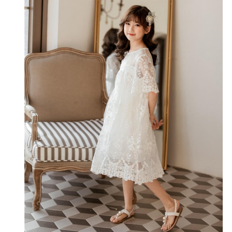 NOUVEAU Été Coton Net Yarn Lace Girls Robes Kids Jirt Children Vêtements 3-14 ans Robe de princesse blanche