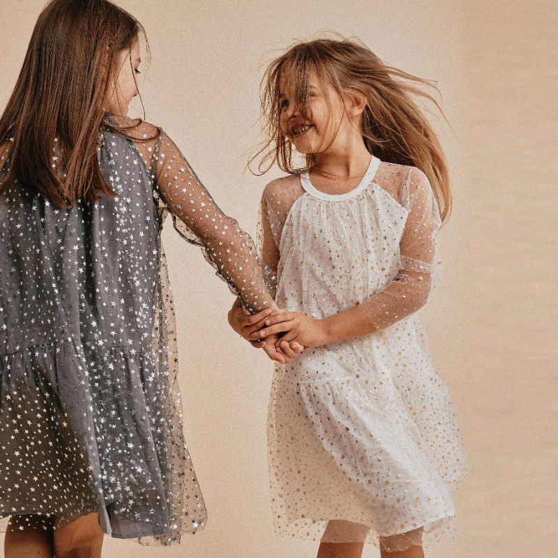 Robe d'été Modèle d'étoile brillant Girls Yarn Coton Robe de princesse doublée de Noël