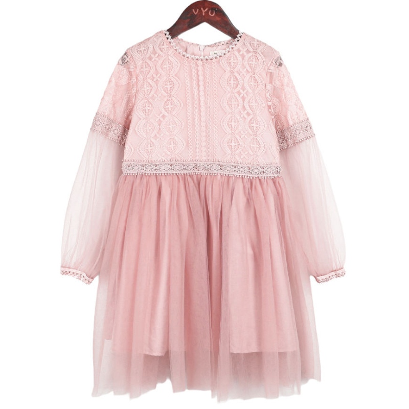 Petites filles robe en dentelle rose blanche à manches longues fleurs