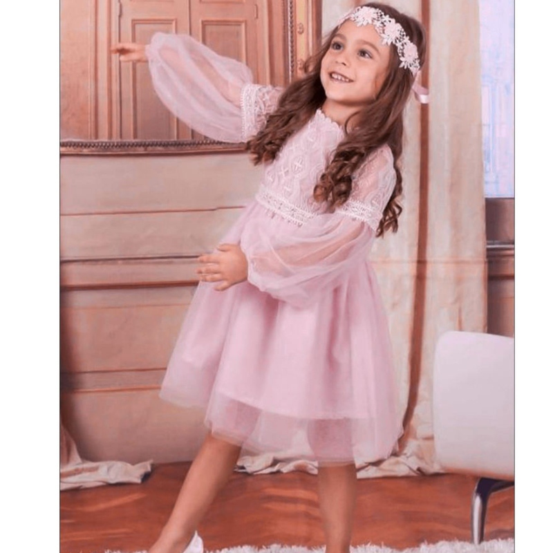 Petites filles robe en dentelle rose blanche à manches longues fleurs