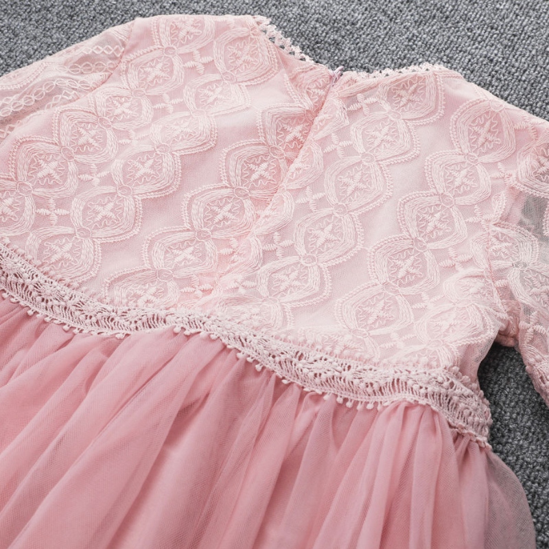 Petites filles robe en dentelle rose blanche à manches longues fleurs