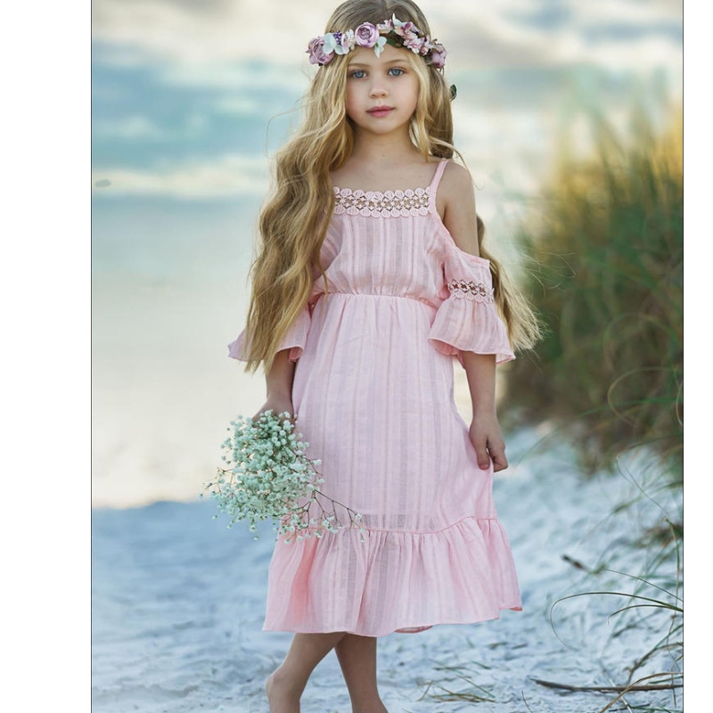 Enfants Summer des filles épaules à épaules baissières blanches Robes à volants roses