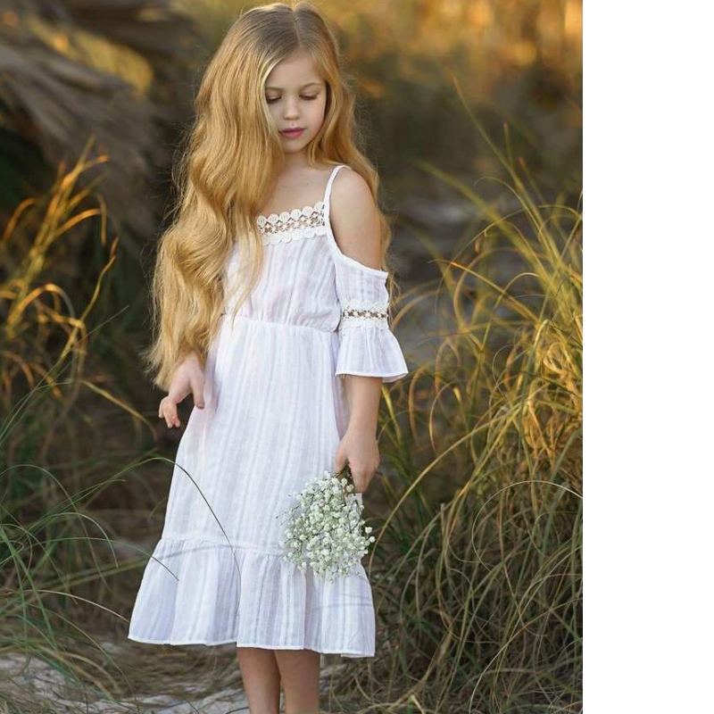 Enfants Summer des filles épaules à épaules baissières blanches Robes à volants roses