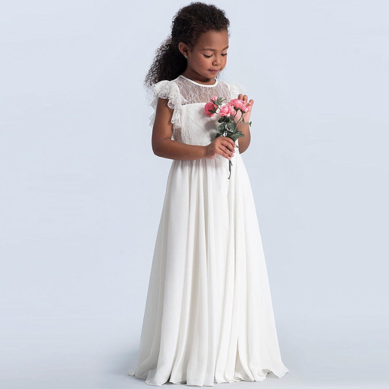 Filles en dentelle maxi robe enfants à manches volontaires princesse tulle robes d'honneur de joueuse en première communon Robes vestidos des filles de fleurs de concours