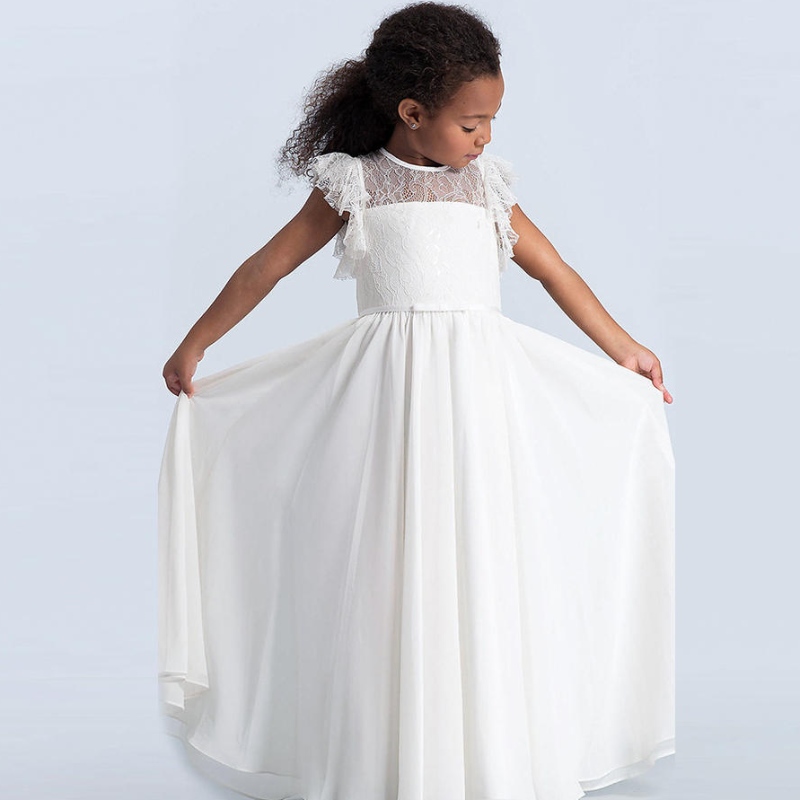 Filles en dentelle maxi robe enfants à manches volontaires princesse tulle robes d'honneur de joueuse en première communon Robes vestidos des filles de fleurs de concours