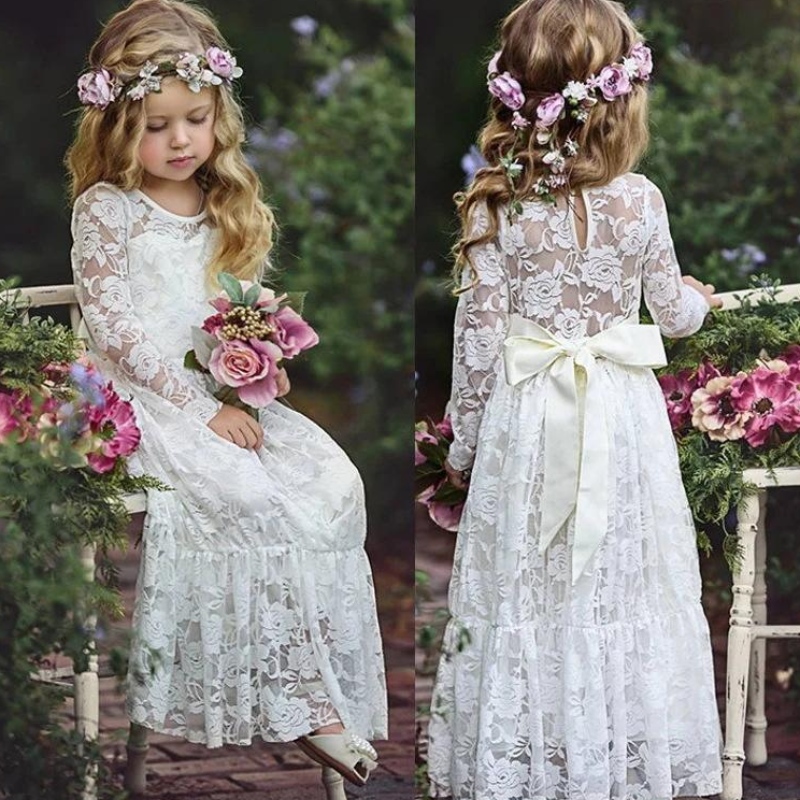 Summer Girl Wedding Lace Long Robe Age 2-12 Robes de princesse Big Bow Bridesmaid Wedding Pageant For Flower Girls