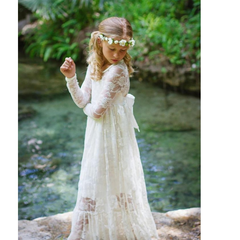 Summer Girl Wedding Lace Long Robe Age 2-12 Robes de princesse Big Bow Bridesmaid Wedding Pageant For Flower Girls