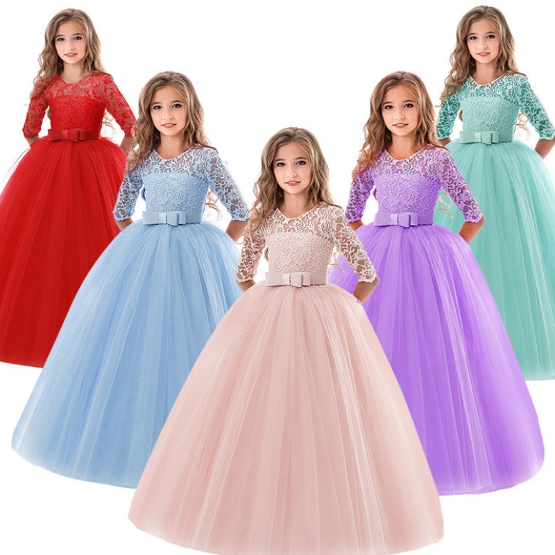 Teenage Girls Dress Summer Children's Vêtements Party Elegant Princess Long Tulle Baby Girls Kids Dente Lace Mariage Ceremony Robes