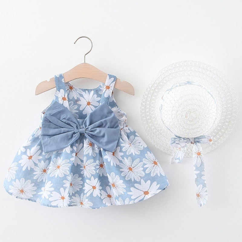 Ensemble de robes denouveau-nés d'été 2PCS Summer Baby Girl sans manches imprimées de plage de plage Robes de robes avec chapeau