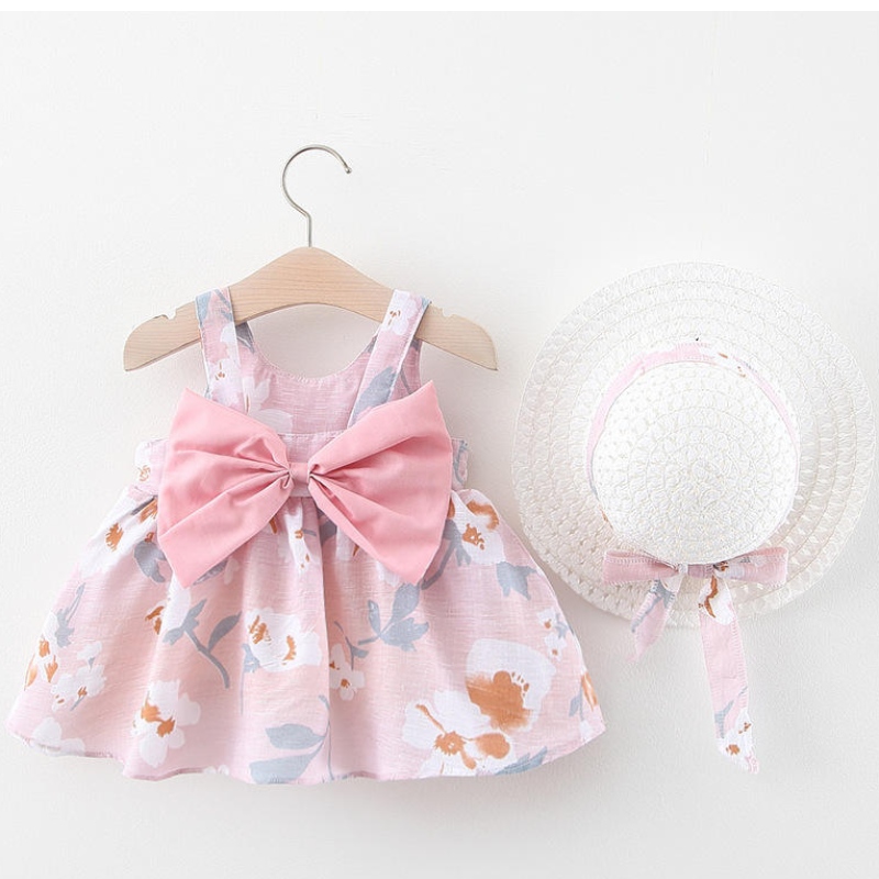 Ensemble de robes denouveau-nés d'été 2PCS Summer Baby Girl sans manches imprimées de plage de plage Robes de robes avec chapeau