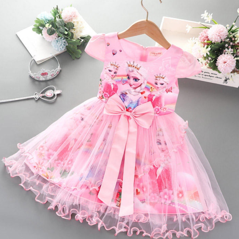 2-8Y Girls Robe Summer Nouvelle manche à manches courtes Princesse Elsa Mesh Tutu Jirt Children \\ Birthday Party Cosplay robe