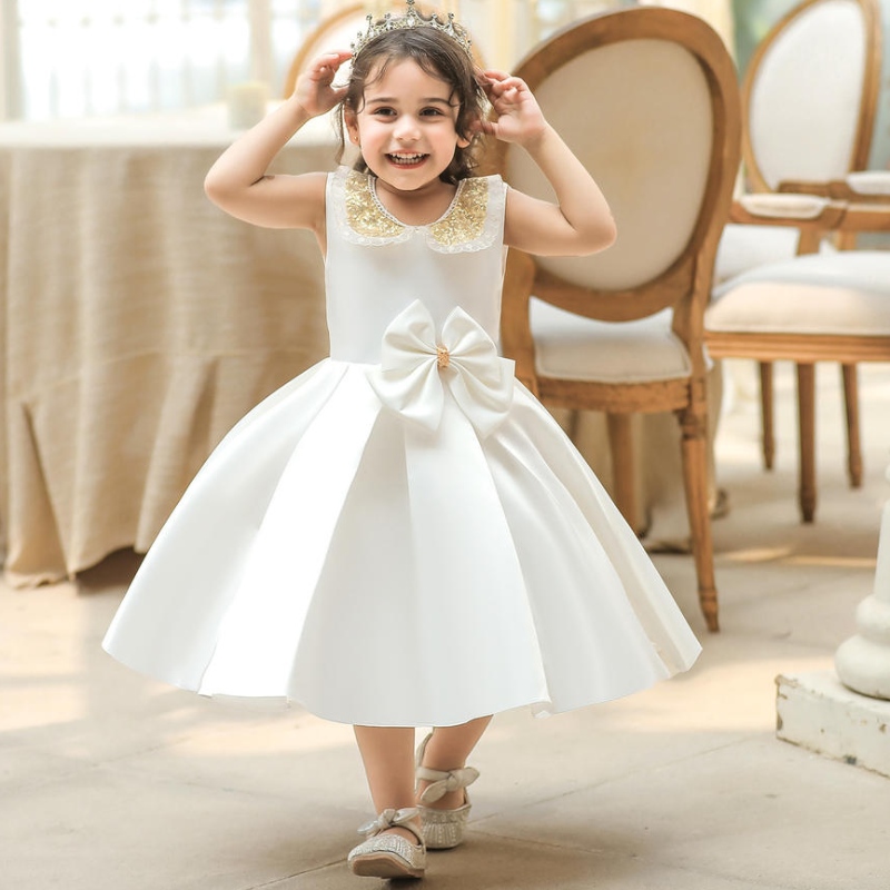 Toddler White Wedding Satin Princesse Baby Girl Robe Bow 1 an d'anniversaire Soirée de soirée NOUVEAU ROBLE DE BESTRENTIF