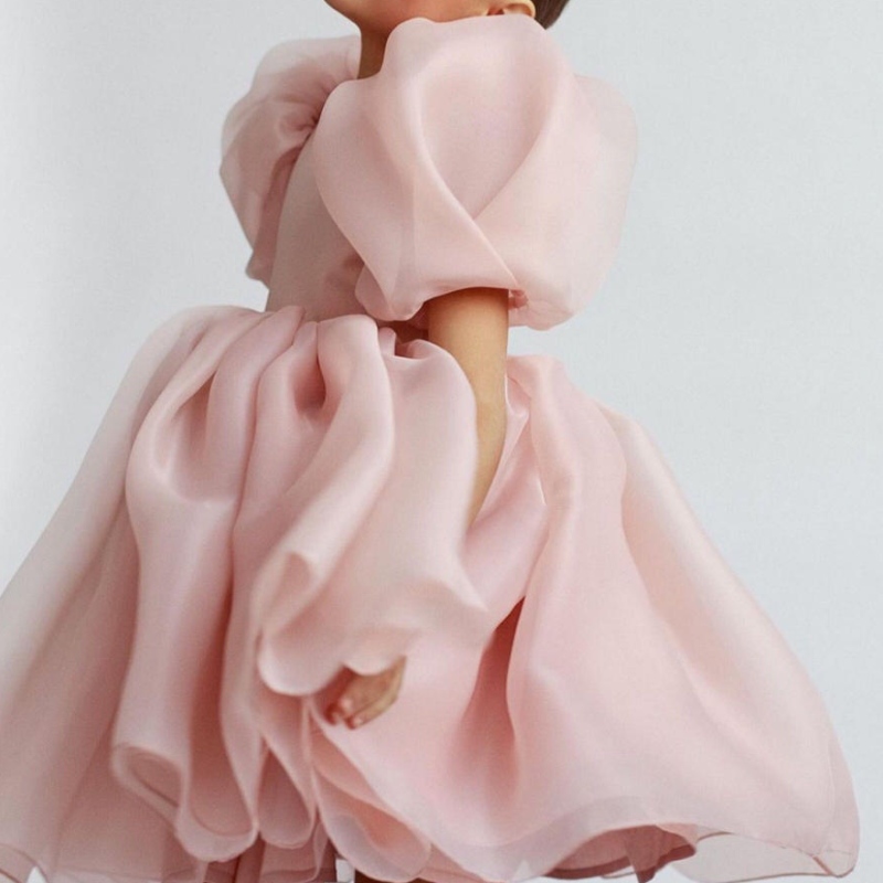 Fashion Girl Princess Vintage Robe Tulle Enfant Vestido Puff Sleeve Pink Wedding Party Birthday Tutu Child Ball Robe Robe