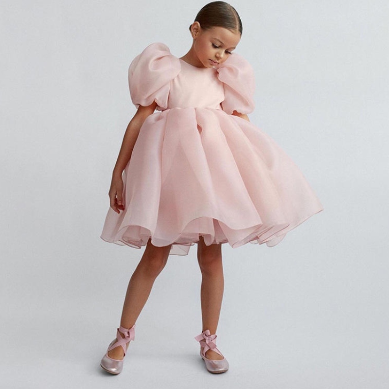 Fashion Girl Princess Vintage Robe Tulle Enfant Vestido Puff Sleeve Pink Wedding Party Birthday Tutu Child Ball Robe Robe