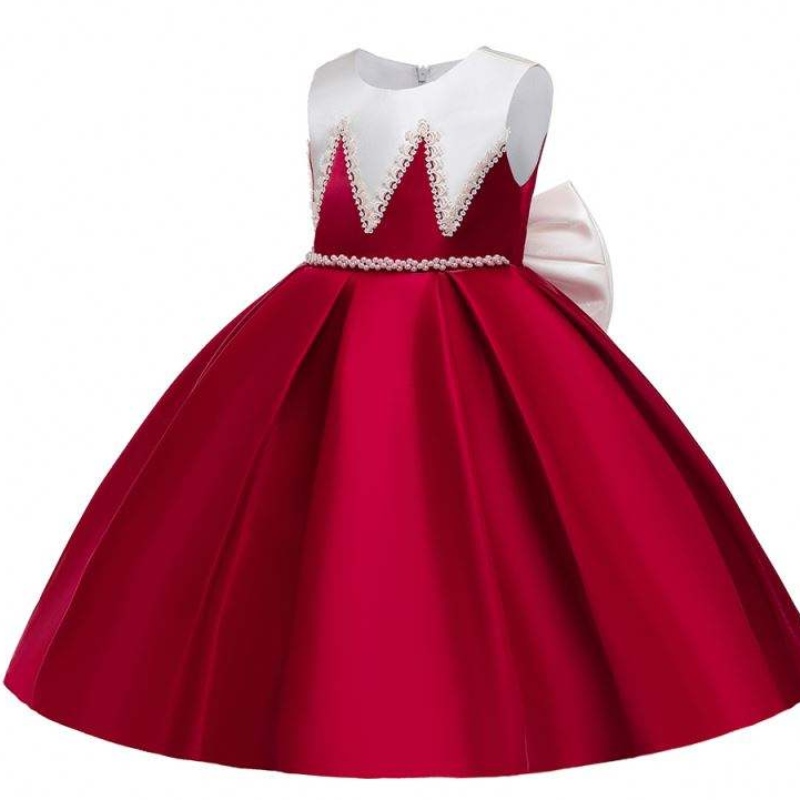 Baige Satin Material Big Bow Knot Color Red Kids Bridesmaid Robes Robes d'anniversaire pour les filles