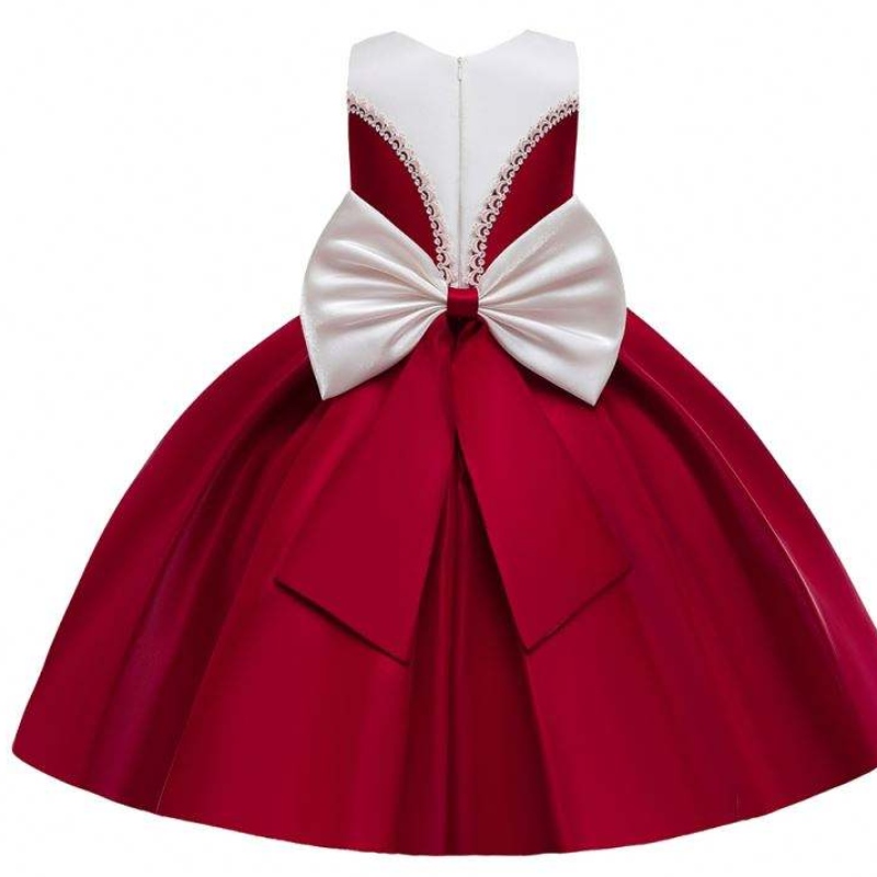 Baige Satin Material Big Bow Knot Color Red Kids Bridesmaid Robes Robes d'anniversaire pour les filles