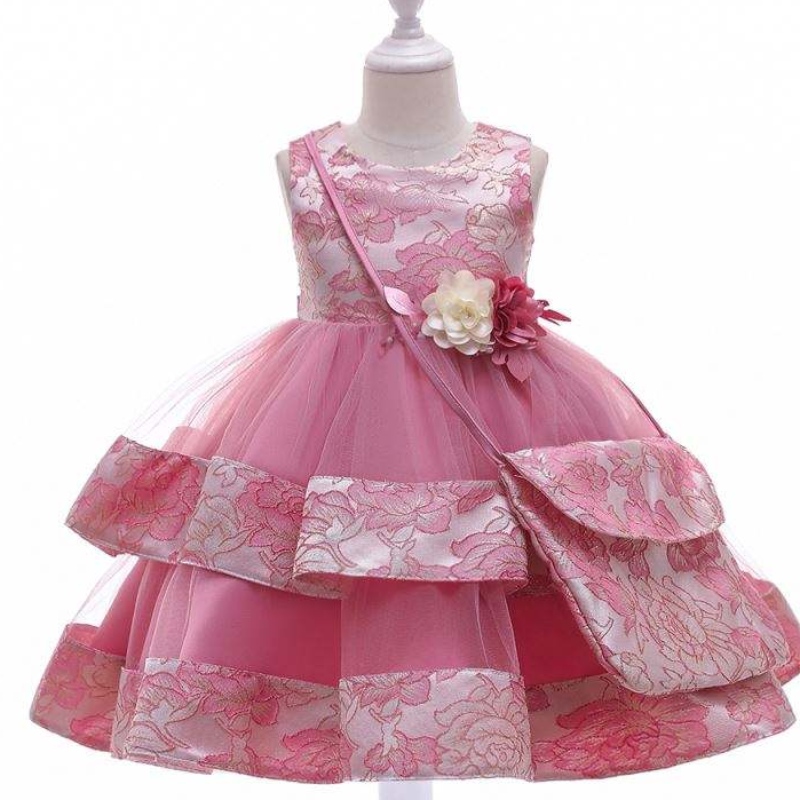 Baige New Design Flower Girl Party Robe avec mini sac Satin d'anniversaire de mariage Robe princesse l5216