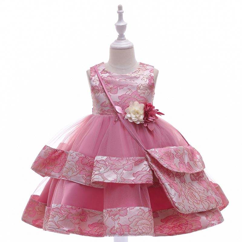 Baige New Design Flower Girl Party Robe avec mini sac Satin d'anniversaire de mariage Robe princesse l5216