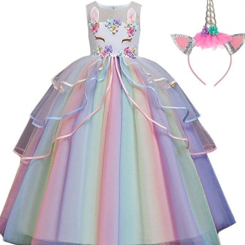 Baige Hot Sale Rainbow Unicorn Party Robes Children Flower Girl Robe avec bandeau