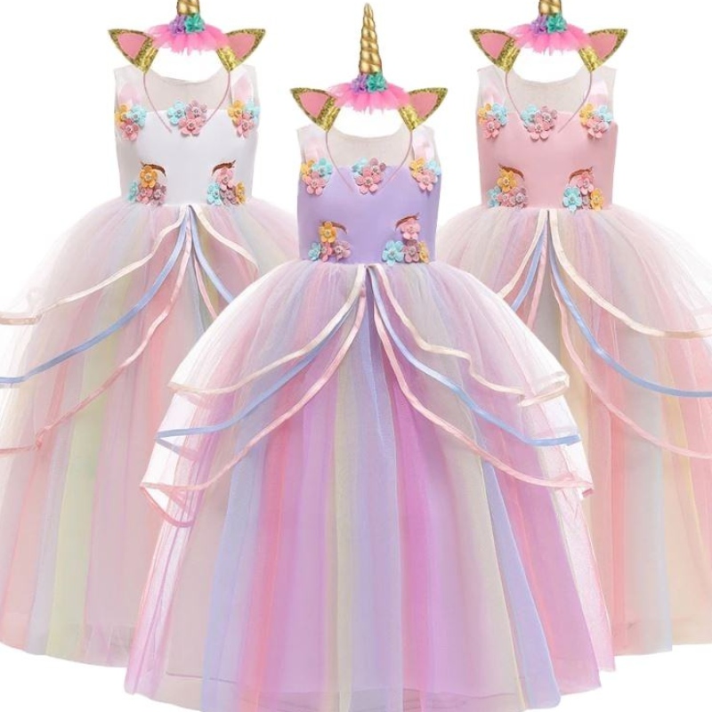 Baige Hot Sale Rainbow Unicorn Party Robes Children Flower Girl Robe avec bandeau