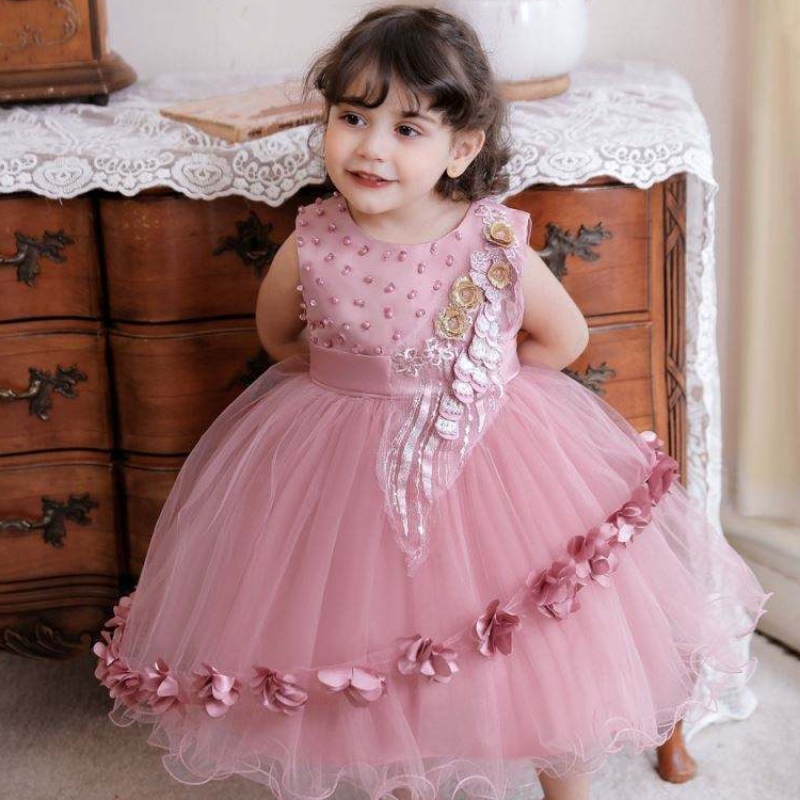 Baige en gros pour enfants Vêtements à manches courtes robe princesse bébé baptême et robe de baptême