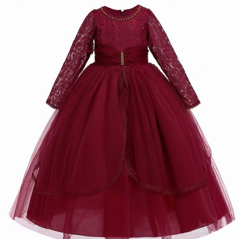 Baige à manches longues Couches de princesse marron tulle fleur filles robes de fête d'anniversaire en dentelle robe fille