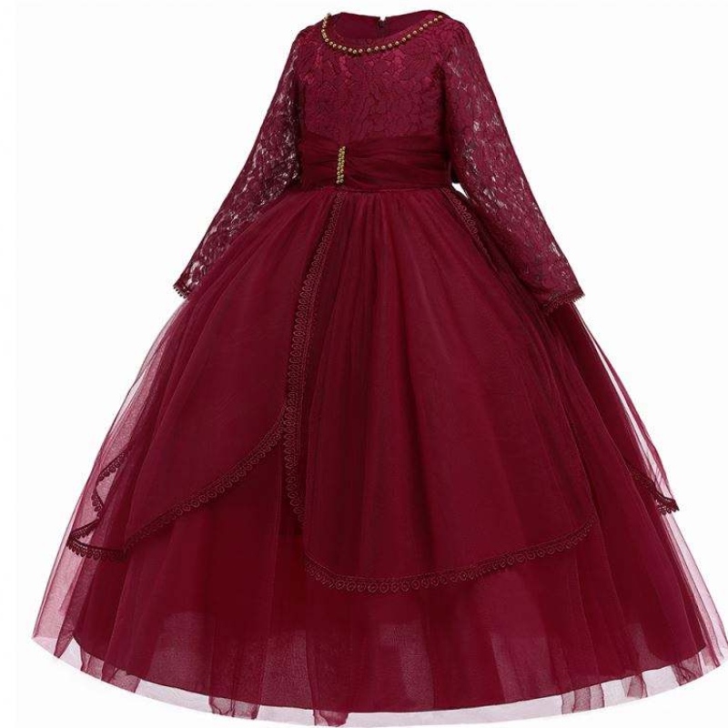 Baige à manches longues Couches de princesse marron tulle fleur filles robes de fête d'anniversaire en dentelle robe fille