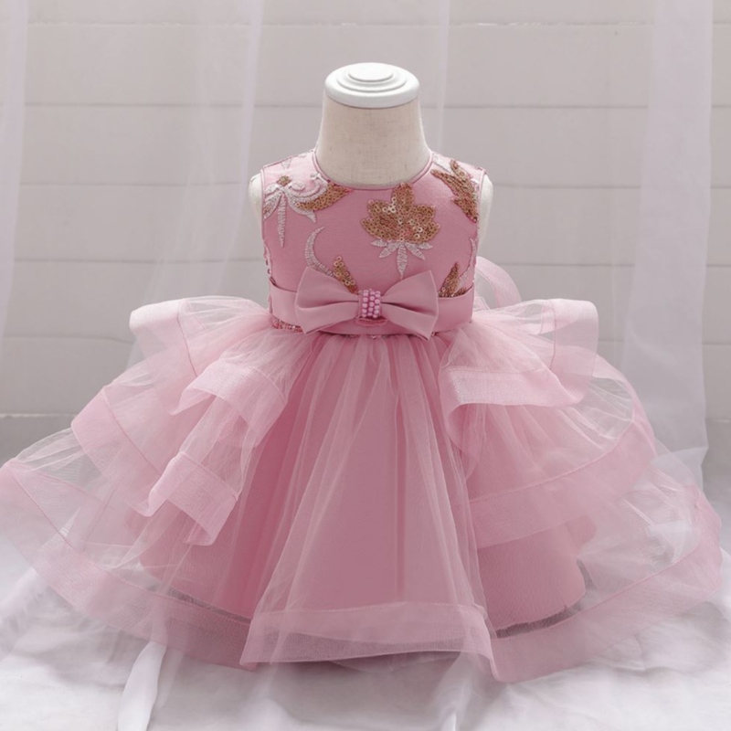 Baige Wholesale Brodery Pearl Bow Design Party Baby Girls Robe Birthday Party Kids Frock L1929XZ