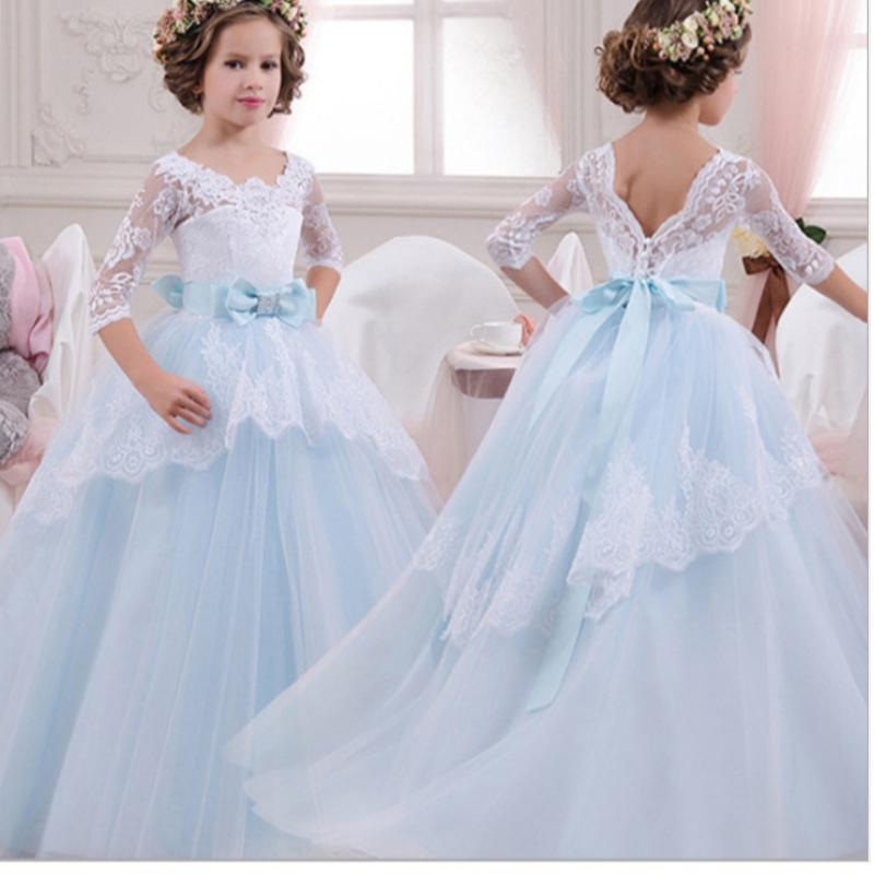 Robe de mariée des enfants Girl \\ Stenve de sept quarts en dentelle Jupe princesse barbe arc magnifique robe