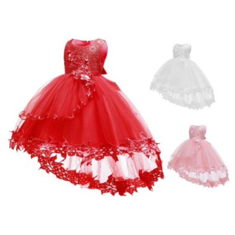 Robe de mariée fille de style européen pour les enfants beaux robes rouges de fête d'anniversaire pour filles de 6 à 24 mois sans manches