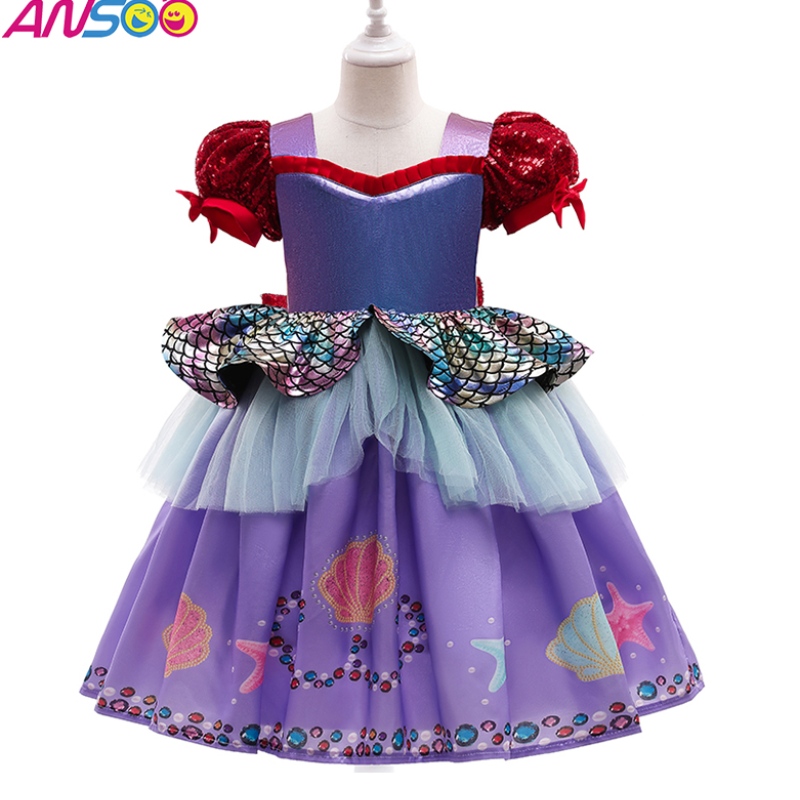 ANSOO populaire New Halloween Children's Costume Sirène Serme Bubble Sleeve Purple Princess pour filles