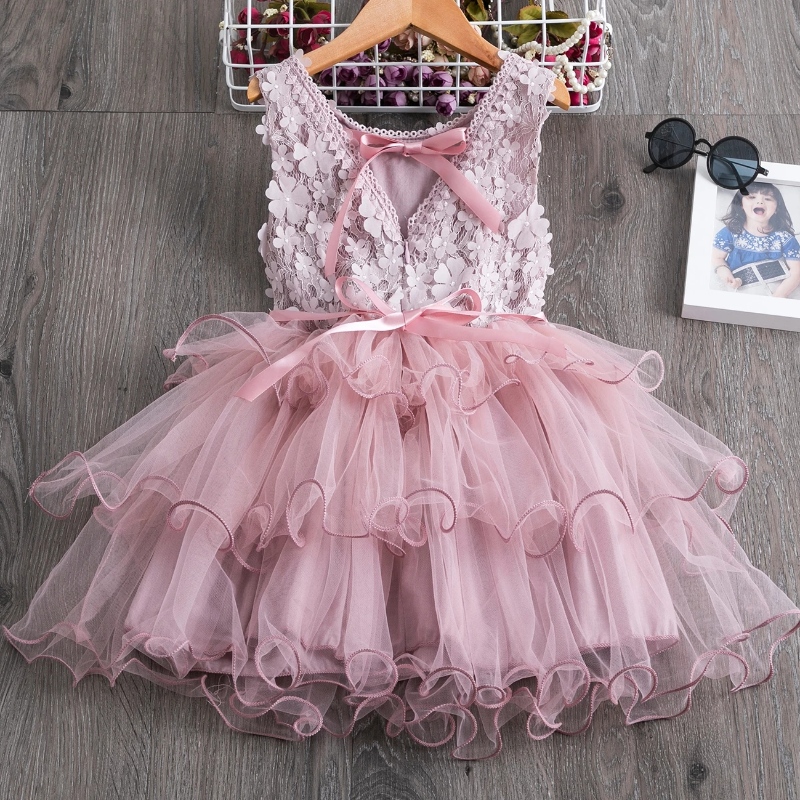 3-8 ans Robe d'été en dentelle pour filles fleur élégante fête de mariage princesse robe sans manches