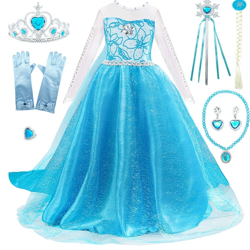 Filles Elsa s'habillent avec des enfants de train perles à manches longues à manches longues Impression d'Halloween Carnival Party Princess Costume