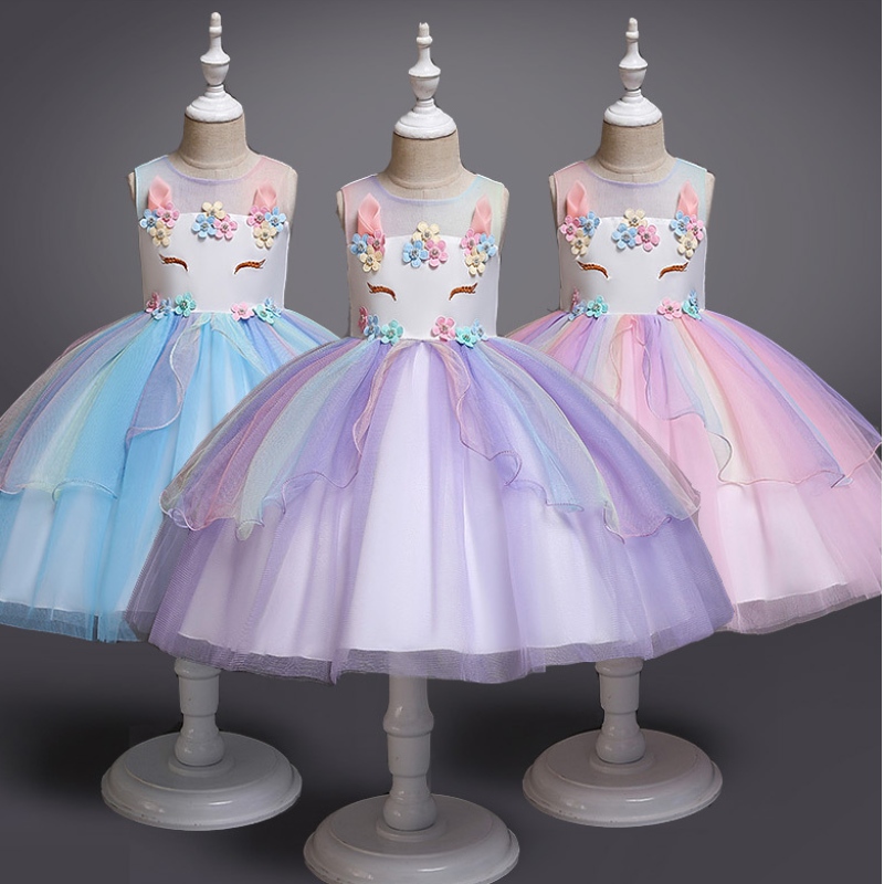 Unicorn Princess Costume Girls Pageant Night Long Robes Kids Sans manches broderies Fleur Fleur Birthday Party Tutu Robes