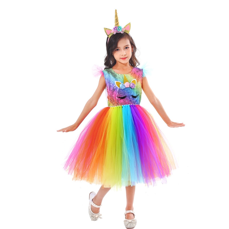 Robe princesse jupe tutu en maille arc-en-ciel colorée avec bandeau pour filles