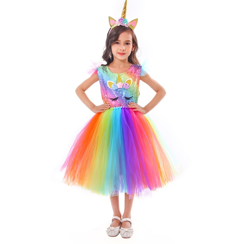 Robe princesse jupe tutu en maille arc-en-ciel colorée avec bandeau pour filles