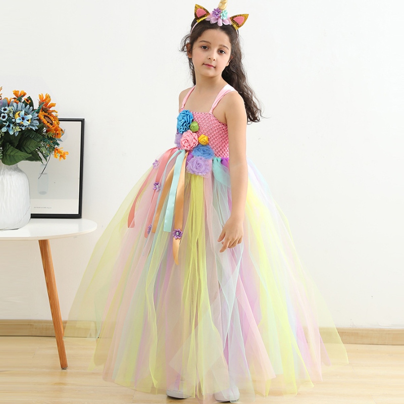 Robe de princesse en maillage des filles Robe de fête de fleur rose avec coiffure