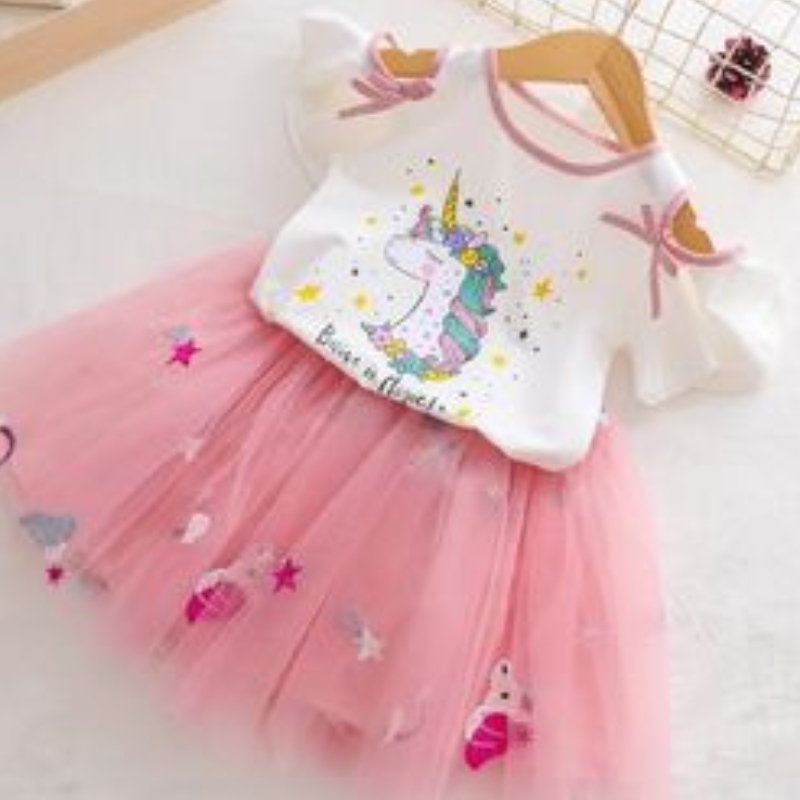 Baby girl Licorne dress Summer t - shirt + Tutu Princess dress Children's Short Sleeve Clothing package Children's 2pk Party Clothing