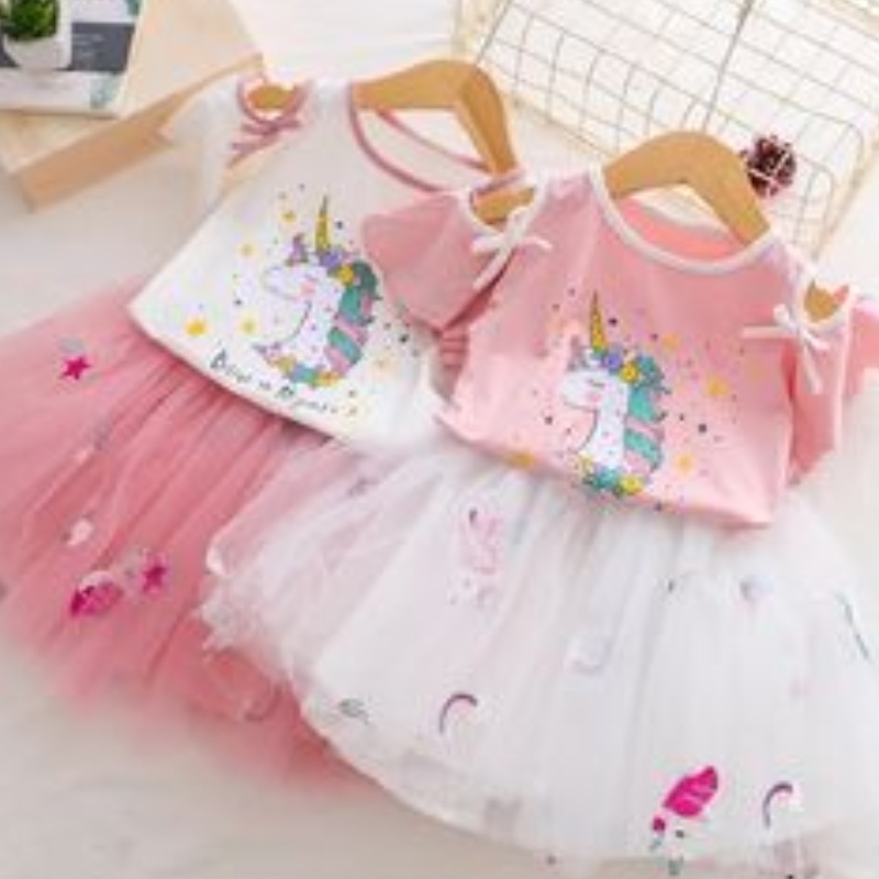 Baby girl Licorne dress Summer t - shirt + Tutu Princess dress Children's Short Sleeve Clothing package Children's 2pk Party Clothing