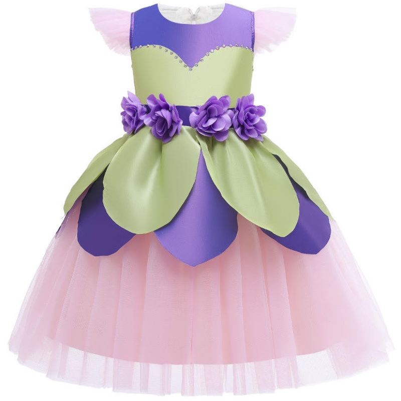 Robe de fée de fleur girl enfants violet rose patchwork en tulle vêtements mignon manches volantes enfants costumes de performance de scène