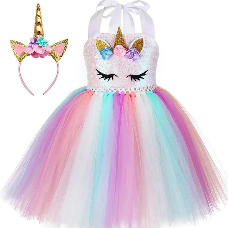 Kid Toddler Girl Birthday Ball Party Costume Costume LED Light Up Rainbow Unicorn Duffy Eperred Tulle Tutu Robe avec bandeau