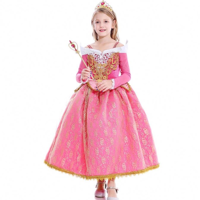 Baige New Girls Princess Aurora Costume à manches longues Robe de fête d'anniversaire de la beauté endormie