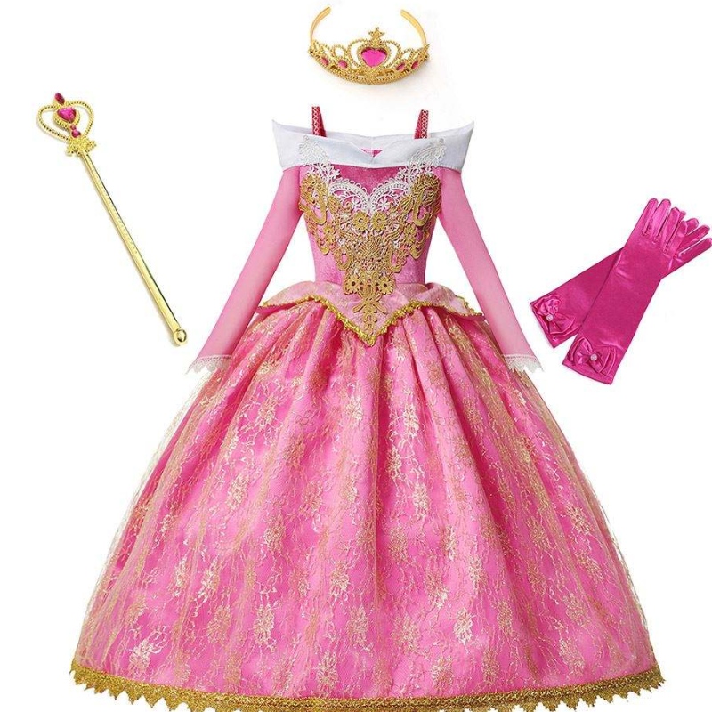 Baige New Girls Princess Aurora Costume à manches longues Robe de fête d'anniversaire de la beauté endormie