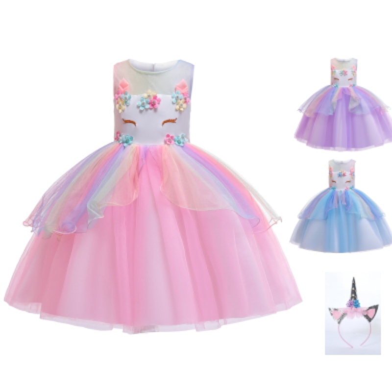 Performance Wear Unicorn Dress Up Vêtements pour les petites filles Rainbow Unicorn Tutu Robe Costume avec cadeau d'anniversaire bandeau