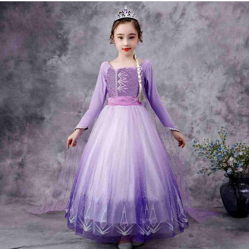 Baige Snow Queen Purple Elsa Robe Christmas Halloween Anna Costume Girls Long Manches brodées Robes à paillettes