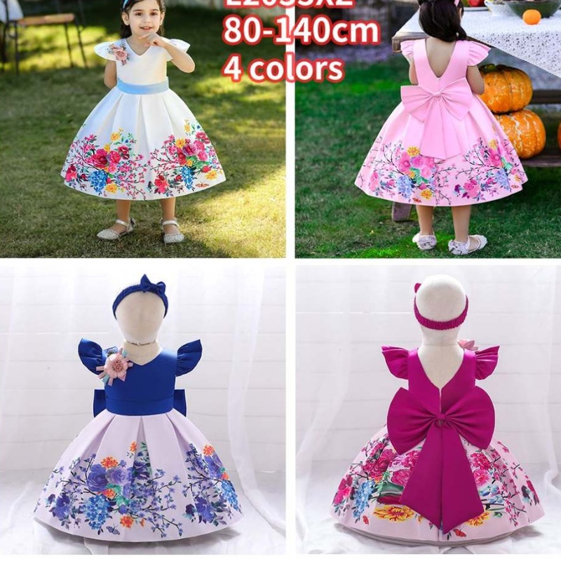 Baige Big Bow Christmas Flower Girl Party Princess Robe Baige imprimé V-Back Birday Ball Robe L2033XZ