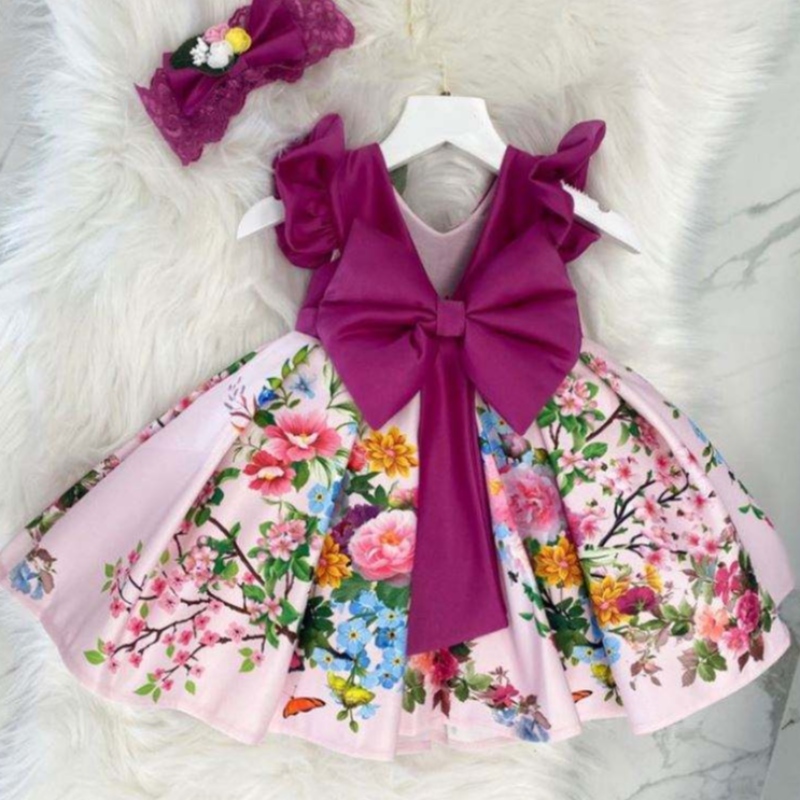 Baige Big Bow Christmas Flower Girl Party Princess Robe Baige imprimé V-Back Birday Ball Robe L2033XZ